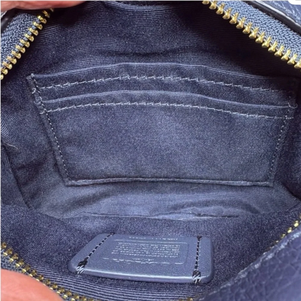 Coach Mini Dempsey Camera Bag in Signature Denim with Rainbow Web Strap